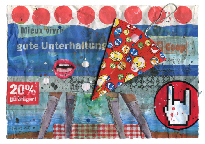 Kleinvieh 119 - GuteUnterhaltung, Acryl : Collage auf Migrossack, 20x82.5, 2015