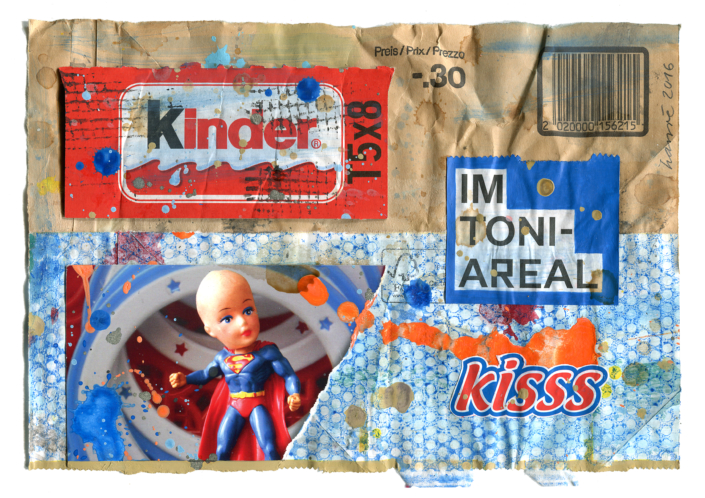 Kleinvieh 133 - KinderImToniareal, Acryl : Collage auf Migrossack, 20x28.5 cm, 2016