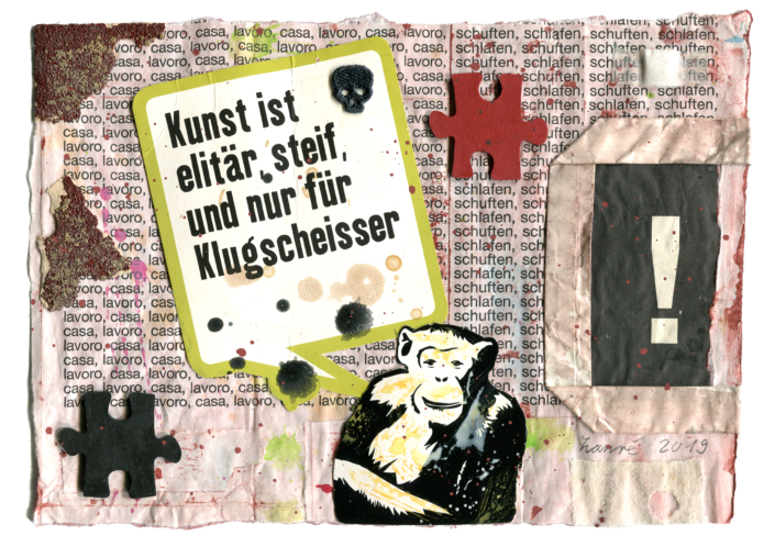 Kleinvieh 140 - KunstIst, Acryl : Collage auf Migrossack, 20x28.5 cm, 2019
