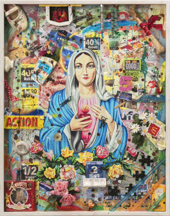 Müllmadonna - Assemblage:Acryl auf Digitalprint, 100x80 cm, 2013