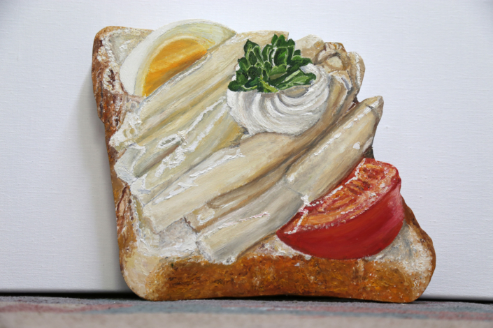 Slide of bread with espargus 30 x 32 cm oil on cut out wood 2013
