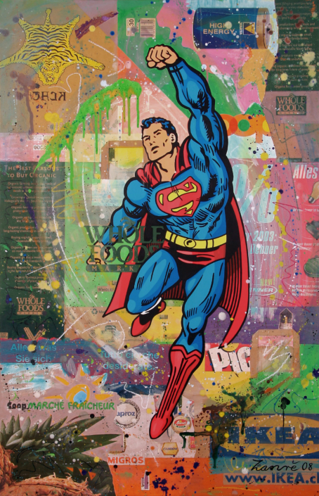 Superman Energy - Acryl auf Papiertragtaschen auf Holzplatte aufgezoge, 130x83 cm, 2008